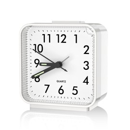 AMIR Analog Silent Non Ticking Small Clock, Travel with Snooze & Light, Ascending Beep Sounds, Battery Operated Loud Alarm Clock for Bedroom (White)