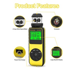 Handheld Cup Anemometer, Digital Anemometer with 360°Wind Directions, Wind Speed Meter Measure 1.5~93MPH Air Velocity with Compass, Temp(℃/℉), MAX/AVG for HVAC, Boat Sailing, Shooting