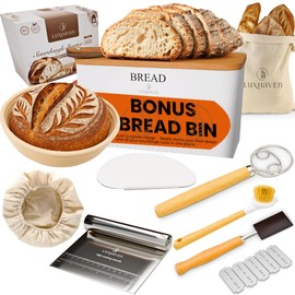 Sourdough Bread Baking Supplies Kit – 9 Inch Proofing Basket with Liner, Metal Bread Box with Bamboo Cutting Board Lid - E-Recipe Book - Storage Bag & Sour Dough Tools & Accessories