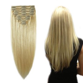 MY-LADY Bleach Blonde Double Weft 100% Remy Human Hair Clip in Extensions Grade 7A Quality Full Head Thick Thickened Long Soft Silky Straight 8pcs 18clips for Women Beauty 14" / 14 inch 120g #613