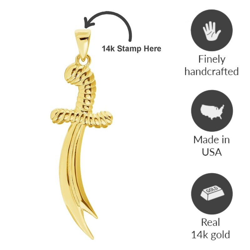 Jewelry America Solid 14k Yellow Gold 3D Double-Pointed Scimitar Sword