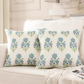 ORANAZA Pack of 2, Mughal Flower Pillow Cover 20 x 20 Inch Chinoiserie Blue Floral Throw Pillow Cover Linen Blue and White Pillow Case Covers Cushion for Couch Sofa Living Room
