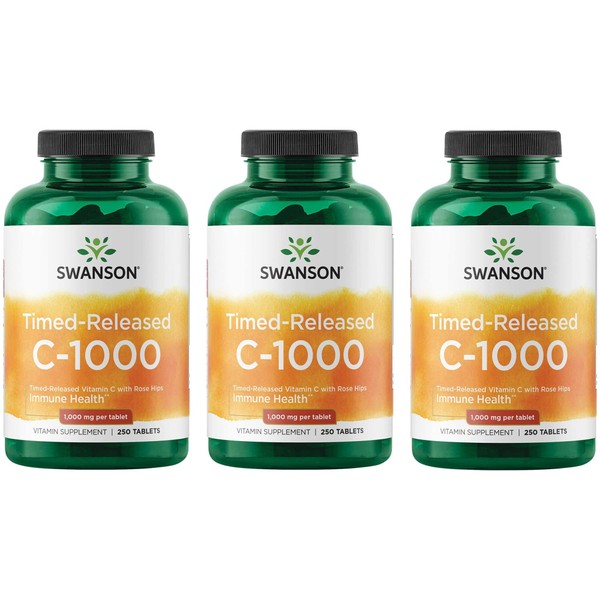 Swanson Timed-Release Vitamin C with Rose Hips Immune System Support Skin Cardiovascular Health Antioxidant Supplement 1000 mg 250 Tablets (3 Pack)