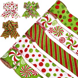 JarThenaAMCS 5 Roll Glitter Christmas Wired Edge Ribbon 2.5 Inch 30 Yards White Red Green Polka Dots Swirl Stripe Candy Peppermint Fabric Craft Ribbon for Xmas Tree Decoration Bow Wreath DIY Gift Wrap