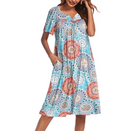 Ekouaer Women's House Dress with Pockets, Round Blue Floral, X-Large
