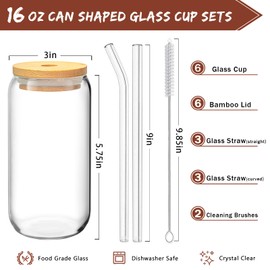 6 Pcs Drinking Glasses with Bamboo Lids and Glass Straw - 16 Oz Can Shaped Glass Cups for Beer, Ice Coffee, Cute Tumbler Cup Great for Soda Boba Tea Cocktail Include 2 Cleaning Brushes