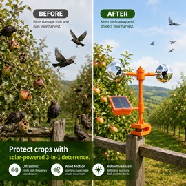Solar Bird Repeller for Gardens – 3-in-1 Motion, Reflective Flash and Ultrasonic Deterrent for Orchards and Ponds