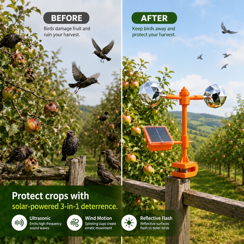 Solar Bird Repeller for Gardens – 3-in-1 Motion, Reflective Flash