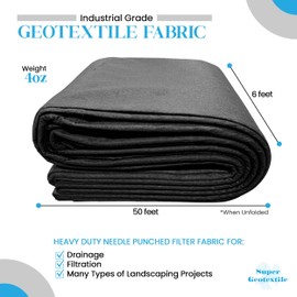 Super Geotextile 4, 6, 8 oz Non Woven Fabric for Landscaping, French Drains, Underlayment, Erosion Control, Construction Projects - 4 ozs (6X50)