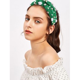 GLBCC Pearl Knotted Headband for Women White Pearl Rhinestone Crystal Jeweled Embellished Hairband Fashion Elegant Ladies Wide Top Knot Bride Headband Boho Bachelorette Party Hair Accessories