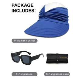 AUSQUQI Sun Visor Hat & Retro Oversized Rectangle Sunglasses Set—Lightweight Foldable Women's Sun Hat & Chunky Fashion Sunglasses for Travel & Beach（Blue/Black）, Blue/Black, One Size