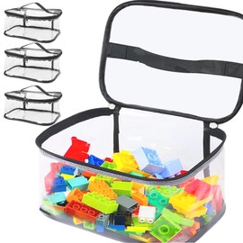 CHSG 4 Packs PVC Zippered Blocks Set, 24 x 17.5 x 13cm Clear Double Zipper Organizing Bags with Handle, Clear Waterproof Storage Bags for Building Blocks, Puzzles, Clay, Small Models, Board Games