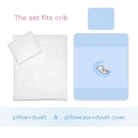 4 Piece 80x70 cm Duvet & Cover with Pillow & Pillowcase Bedding Set for Baby Crib (Moon Blue)