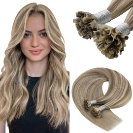 YoungSee Bonding Extensions Real Hair Blonde 45 cm U Tip Light Brown Highlight with Blonde Natural Keratin 50 g