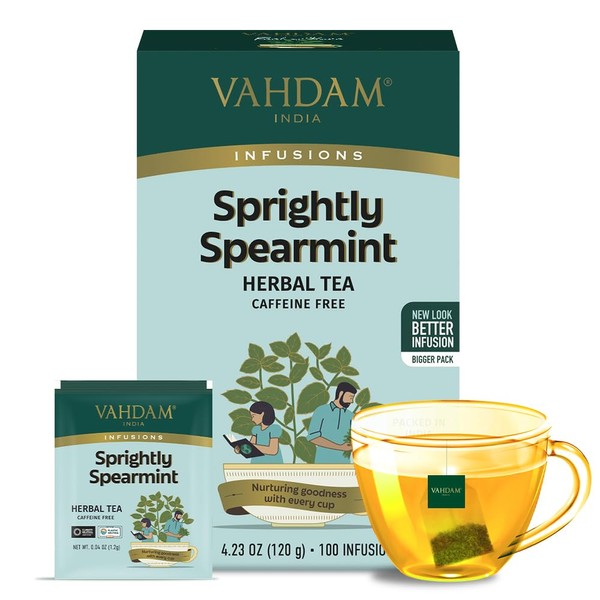 VAHDAM, Sprightly Spearmint Herbal Tea Bags (100 TB) Caffeine Free,