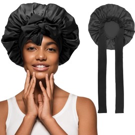 Capó De Satén, Gorros De Seda Para Dormir Para Mujeres, Gorro De Dormir De Noche De Satén Ajustable, Banda Elástica Suave, Gorros De Seda Para Dormir, Capó Para El Cabello Con Banda Para Atar (negro)