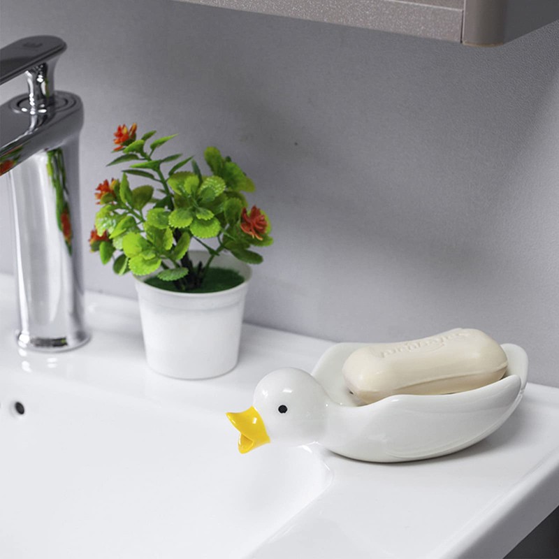 Jaugufiy Ceramic Duck Soap Tray Drain Soap Holder Soap Dish