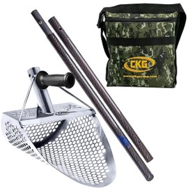 CKG Sand Scoops for Beach Metal Detecting Stainless Steel Beach Metal Detecting Shovel Underwater Treasure Hunting, Metal Detector Accessories(Bag + Scoop + Carbon Fiber Handle), (11x8 + Handle)