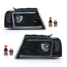 G-PLUS LED Front Headlights Assembly Left and Right Side Compatible with Ford F150 2004-2008/Fit Lincoln Mark LT 2006-2008 FO2503247 FO2502247 Smoky Lens Black Housing Clear Reflector