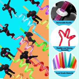 24Pcs Reusable Plastic Straws Party Straws Birthday Party Favor Supplies Gifts with 2 Cleaning Brushes (Tie-man)