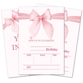 LETUROIA Bow Pink Birthday Invitation Cards, Birthday Party Invitations For Girls, Birthday Party Favors Decorations Supplies, Invitations With Envelopes Double-Sided 20 Cards -07