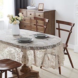 LinenZone Beautiful Oval Lace Tablecloth with Elegant Scalloped Bottom for Any Special Event Such as Wedding, Birthday Party, Baby Shower, Anniversary. Sits 6 to 8 People. (Luna TC 84 Oval, Linen)