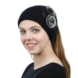 NYFASHION101 Hand Knitted Furry Flowers Winter Headband Headwrap, Black