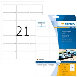 HERMA 4904 Hochglanz Etiketten, 25 Blatt, 63,5 x 38,1 mm, 21 pro A4 Bogen, 525 Stück, selbstklebend, bedruckbar, glänzend, blanko Glossy Papier Klebeetiketten Aufkleber, weiß