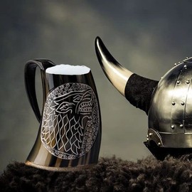 Fenrir Special Edition Viking Wolf Drinking Horn Mug with Bottle Opener for Ale Beer Cold Drinks | WOLF FENRIR | Natural Shine Polished 16-oz -2 Pieces Set