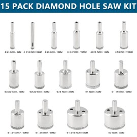 Aracombie 15 Pack Diamond Hole Saw Kit, Ceramic Tile Drill Bits Diamond Tipped Drill Bit Set, Glass Hole Cutter Core Hole Saw Bit for Marble, Granite Stone, Pots (6mm - 50mm)