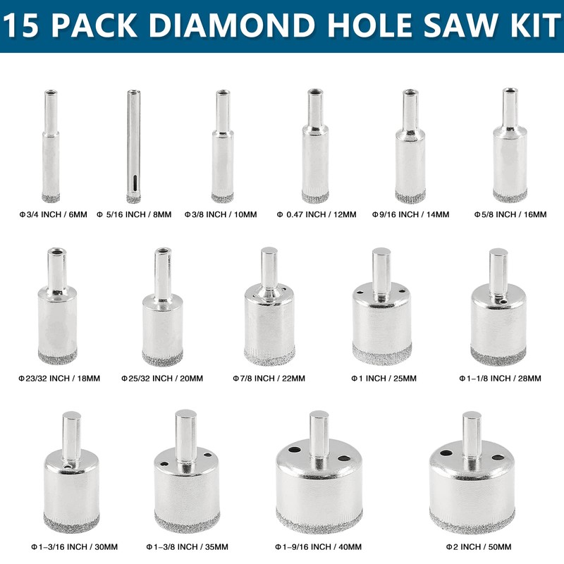 Aracombie 15 Pack Diamond Hole Saw Kit, Ceramic Tile Drill