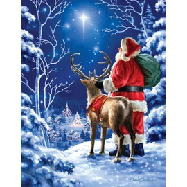 Springbok Starry Night 500 piece Jigsaw Puzzle for Adults features Santa Clause and his reindeer gazing upon the north star on a perfect snowcovered evening