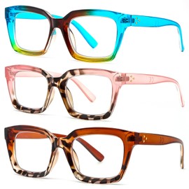DXYXYO Reading Glasses Women 1.0 Blue Light Blocking, Oprah Style Square Oversized Computer Readers 3 Pack Retro Fashion, Blue+pink+brown
