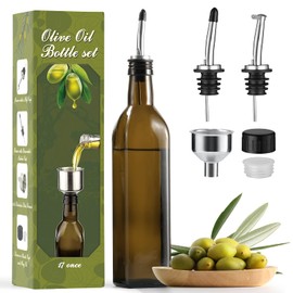 AOZITA 17oz Glass Olive Oil Dispenser - Oil and Vinegar Cruet Bottle with Stainless Steel Pourers - Funnel For Easy Refill - Olive Carafe Decanter for Kitchen