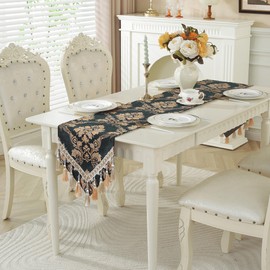 Dark Green Table Runner Floral Jacquard Damask Dining Table Runner with Multi-Tassels for Kitchen Dresser Party Banquet Holiday