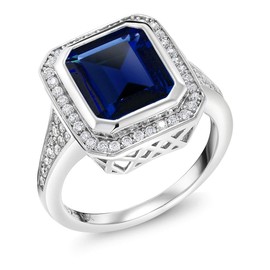 Gem Stone King 5.00 Cttw Simulated Blue Sapphire Ring For Women | 925 Sterling Silver | Emerald Cut 11X9MM | Wedding Engagement Anniversary Promise Ring For Women