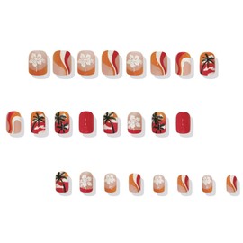 Short Square Press on Nails French Summer Fake Nails Gradient Colorful Stripes False Nails with Coconut Tree Designs Glossy Floral Stick on Acrylic Nails Summer Manicure Kit for Women 24Pcs