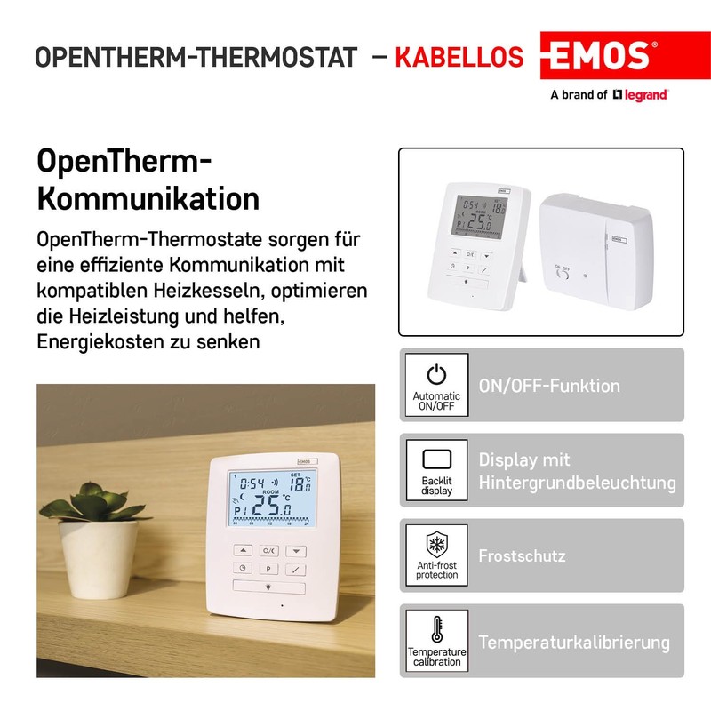 EMOS OpenTherm Wireless Room Thermostat, Programmable Digital Temperature Controller for
