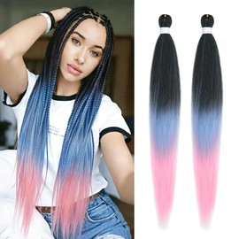 Colored Braiding Hair Pre Stretched - 30 Inch 2 Packs Ombre Black/Blue/Light Pink, Synthetic Yaki Texture Skin-Friendly Braids Crochet Hair