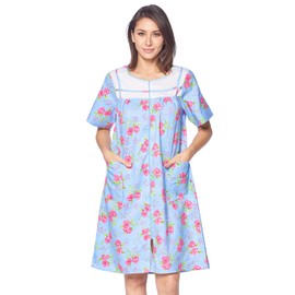 Casual Nights Women's Zipper Front House Dress Short Sleeves Duster Lounger Housecoat Robe, Floral Blue, XX-Large