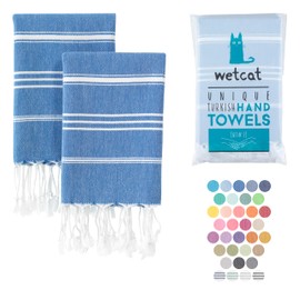 WETCAT Toallas de mano turcas con lazo para colgar (20 x 30) – Juego de 2, 100% algodón, suave, toallas de cocina boho, prelavadas, toallas de mano azules únicas para decoración de baño