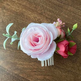 Fangsen Boho Bride Pink Red Orange Rose Buds Flower Floral Comb With Spring Wedding Hair Piece for Brides and Bridesmaids Silver