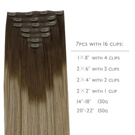 WENNALIFE Seamless Clip In Hair Extensions, 16 Inch 7pcs 130g Ombre Walnut Brown to Ash Brown and Bleach Blonde Hair Extensions Invisible PU Weft Natural Clip In Real Human Hair Extensions Clip In