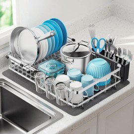 GSlife Large Capacity Expandable Dish Drying Rack with Absorbent Mat, 2-Piece Stainless Steel Dish Drainer Set for Counter with Removable Over Sink Rack, Family Size 15" W x 16.5"-21.5" L, Silver