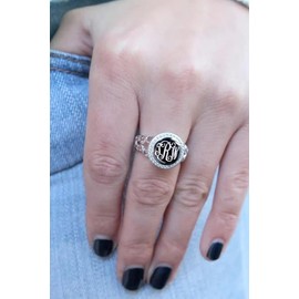 Elegant Monogram Sterling Silver Cutwork Band Ring with CZ Accents