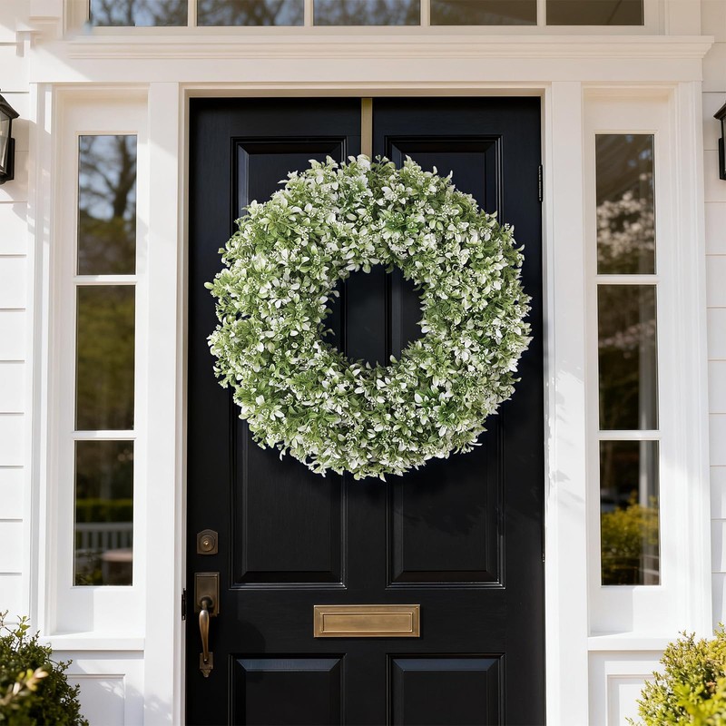26" Large Artificial Boxwood Wreath for Front Door(White-Green)
