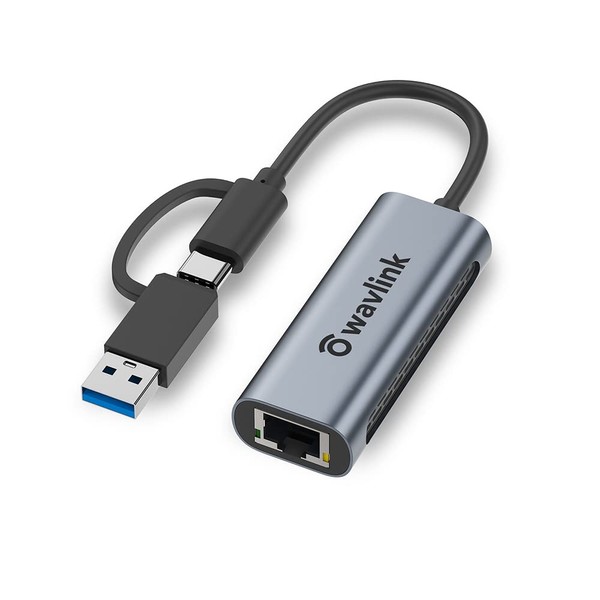 WAVLINK USB-C 2.5G Wired LAN Adapter/USB-C USB3.0 2 in 1 LAN Converter/RJ45 Gigabit Ethernet/10/100/1000/2500 Mbps/High Speed Transfer/Compact/Apply to Home Working, Online Classes or Online