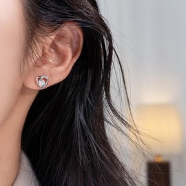 Reffeer Solid 925 Sterling Silver Cute Love Heart Stud Earrings for Women Teens CZ Heart Earrings Stud Hypoallergenic (A-Silver)