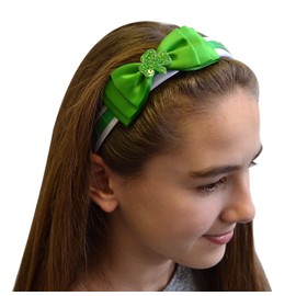 Layered Satin Bow St Patricks Day Arch Headband with Sequin Shamrock (White Bow)