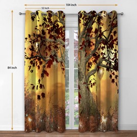 Jekeno Fall Tree Blackout Curtains Autumn Tree Room Decor Moonlight Butterfly Lantern Glittering Firefly Print Grommet Window Drape for Bedroom Living Room 2 Panel Set, 52"x84"
